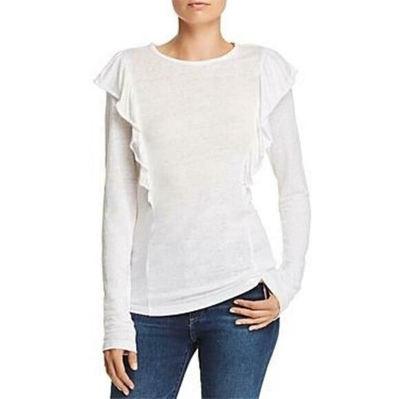 NEW FRAME Womens Blouse White Size Small 100% Linen Ruffle-trim Burnout Sheer - Picture 1 of 6